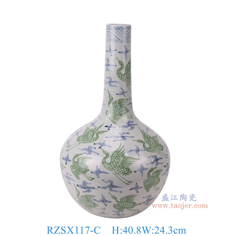 RZSX117-C仿古脚踩泥青花绿色仙鹤纹小口天球瓶正面图