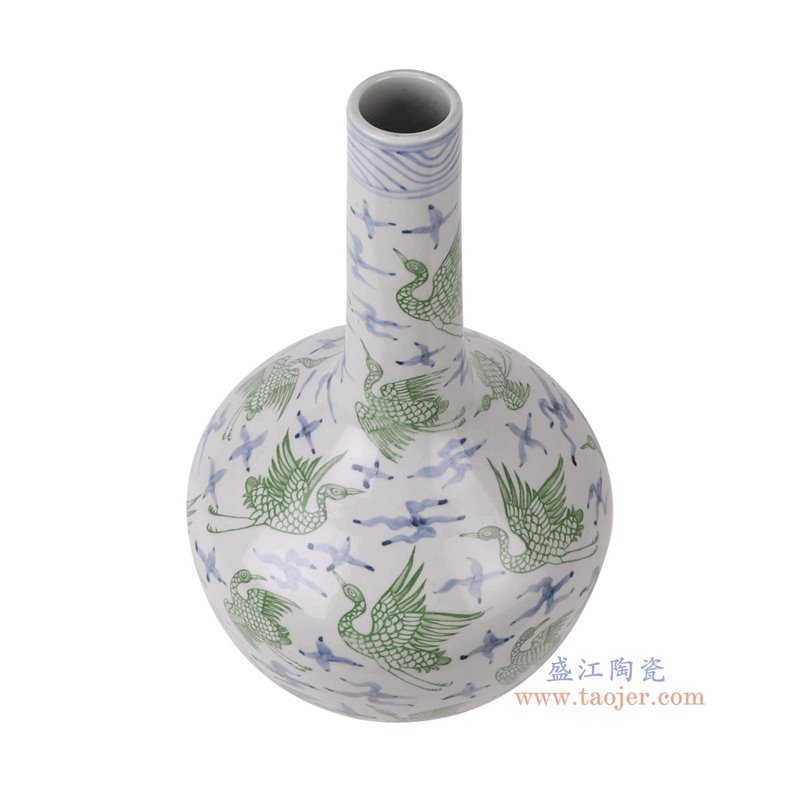 RZSX117-C仿古脚踩泥青花绿色仙鹤纹小口天球瓶俯视图