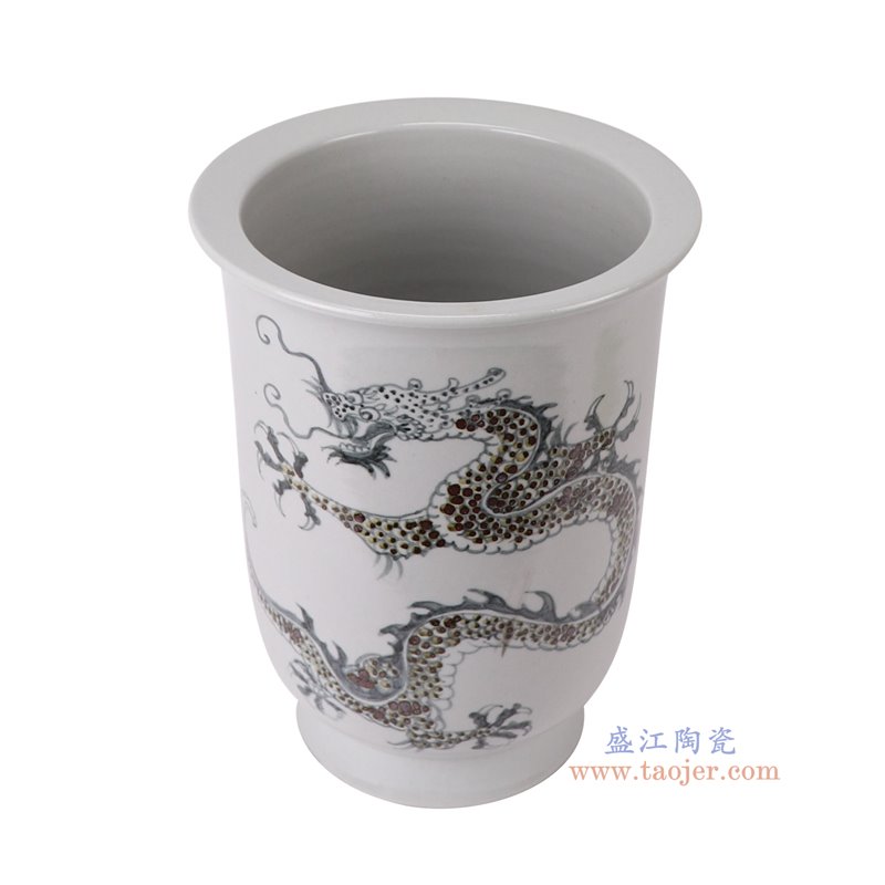 RZSX139-A仿古脚踩泥青花铁锈红龙纹高脚花盆俯视图