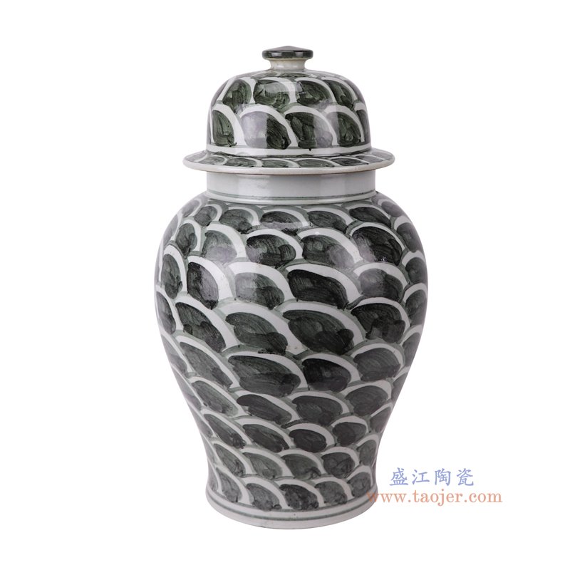 RZSX82-G-S仿古脚踩泥墨绿色海水纹将军罐小号侧面图