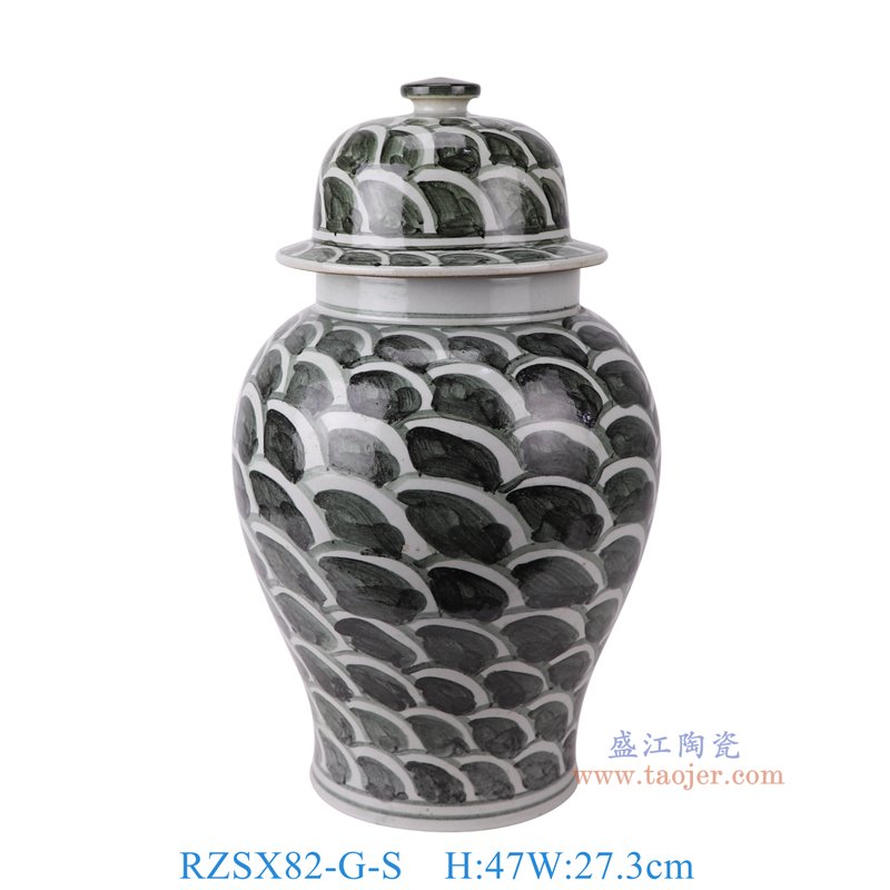 RZSX82-G-S仿古脚踩泥墨绿色海水纹将军罐小号正面图