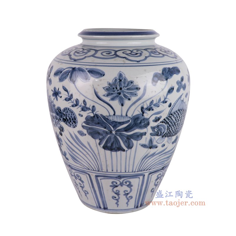 RZSX69-E仿古脚踩泥青花荷花鱼纹冬瓜罐顶部图