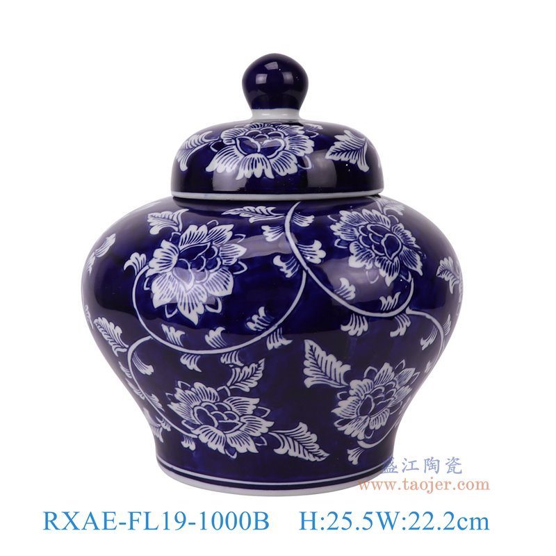 RXAE-FL19-1000B青花蓝底白牡丹纹将军罐正面图