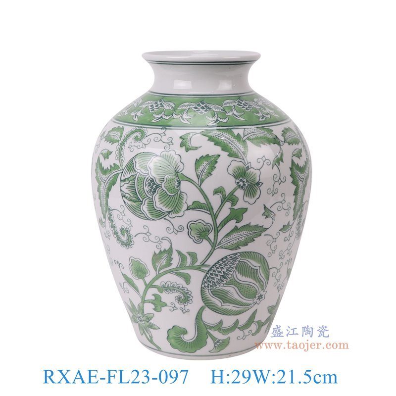 RXAE-FL23-097绿色花叶纹冬瓜罐花瓶正面图