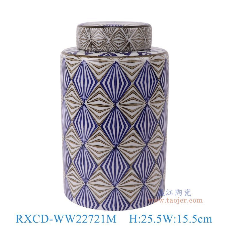 RXCD-WW22721M青花彩绘几何菱形纹直筒茶叶罐中号正面图