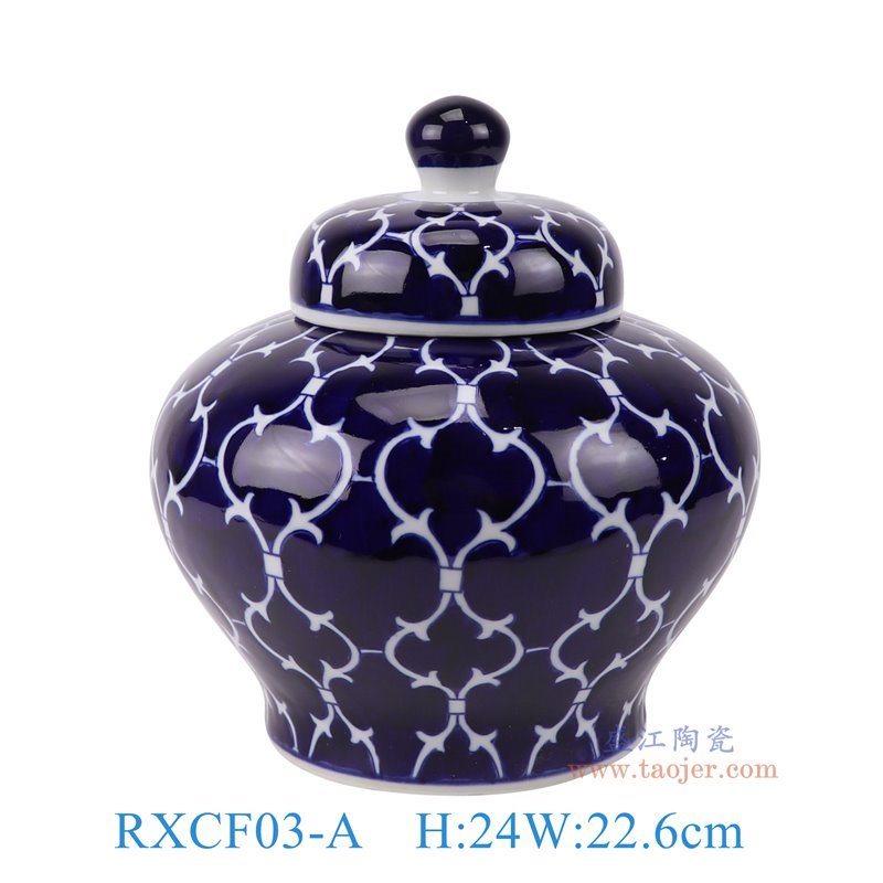 RXCF03-A青花蓝底白花线条纹将军罐正面图