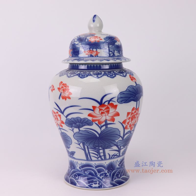 青花釉里红荷花将军侧面