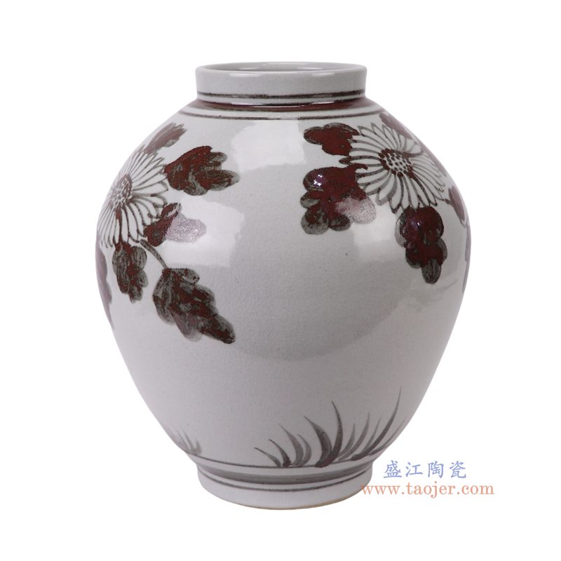 铁锈红菊花纹花瓶罐子侧面