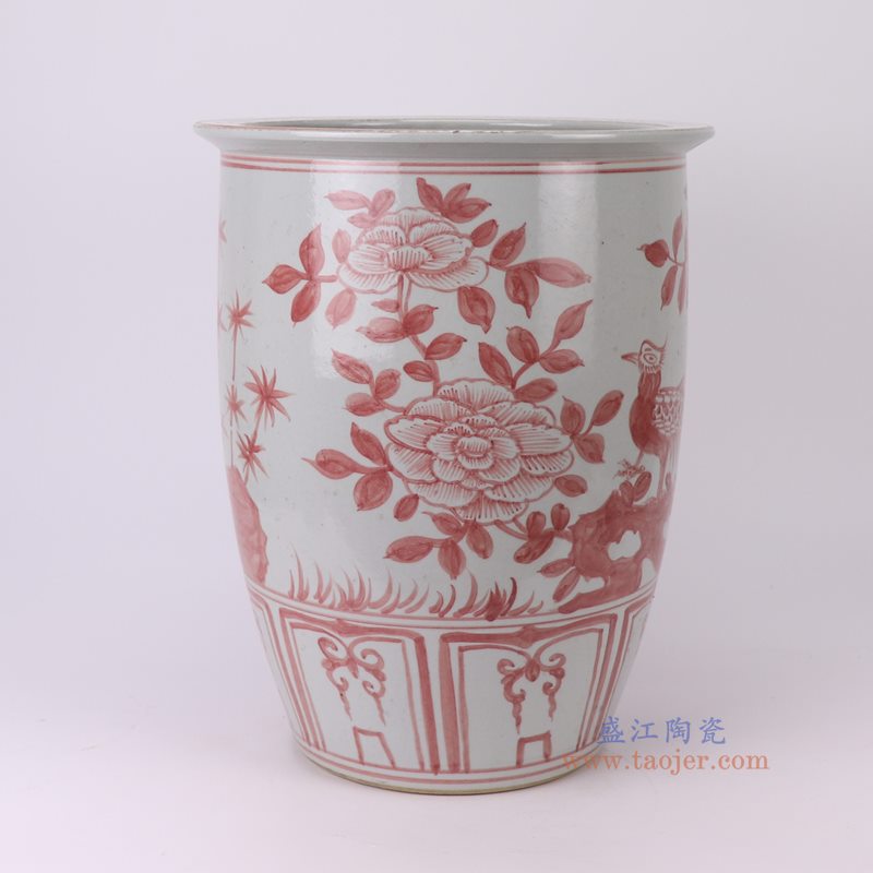 RZSX142-A釉里红花鸟冬瓜缸箭筒花盆侧面