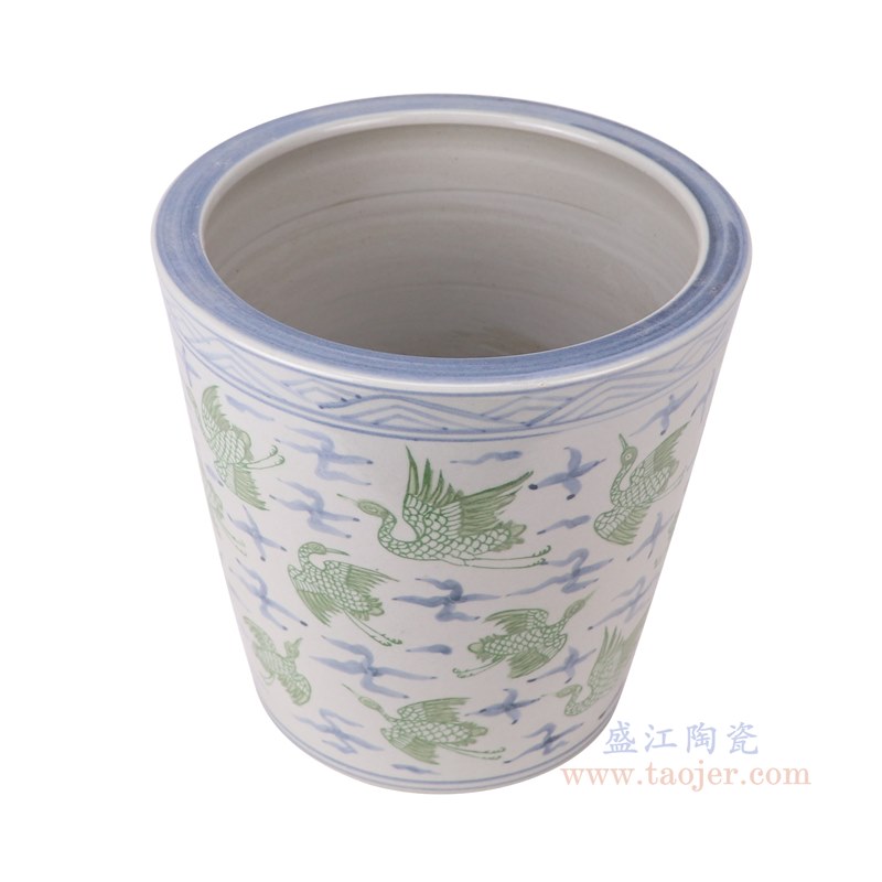 RZSX03-D  青花绿色仙鹤纹花盆缸   侧面图