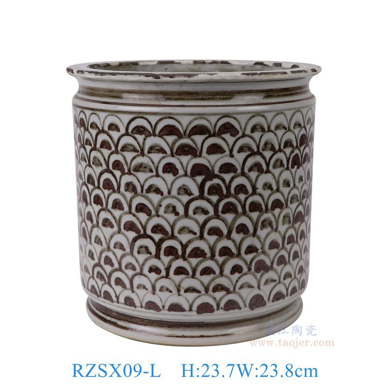 RZSX09-L  铁锈红海水纹笔筒香炉  