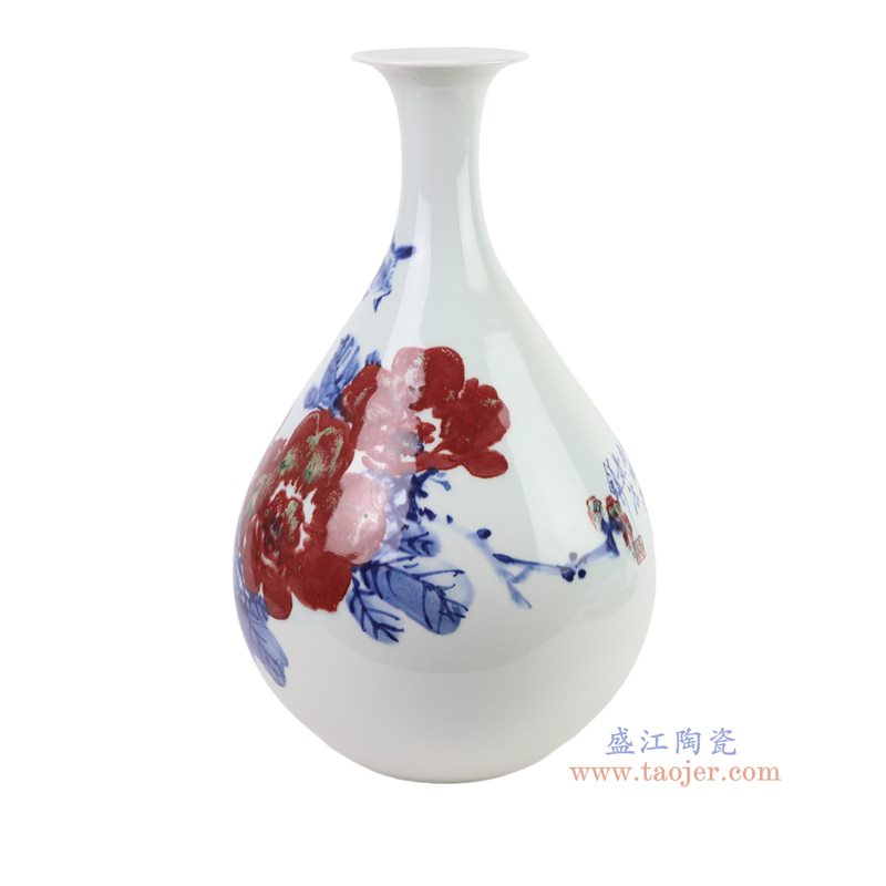 RXAC19-A 青花釉里红窑变牡丹花开富贵玉壶春瓶 
