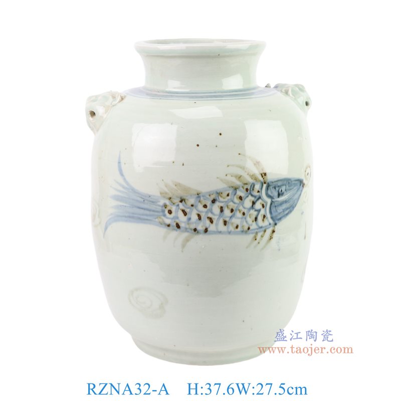 RZNA32-A 青花釉里红鱼纹双狮耳冬瓜罐  