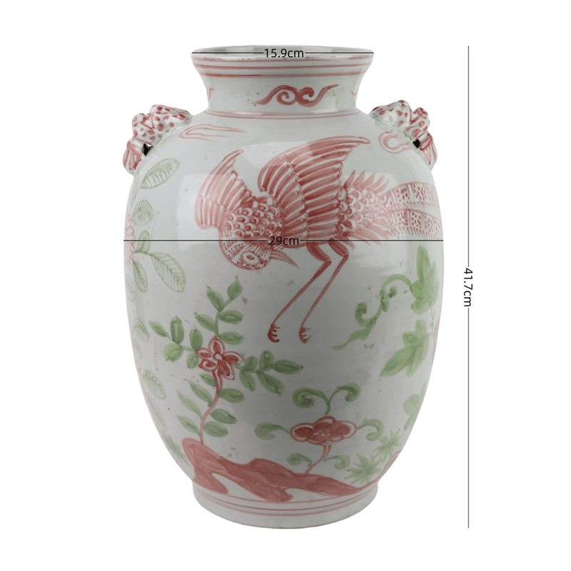 RZSX153-A 红绿斗彩凤凰花鸟狮耳罐