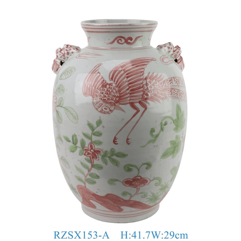 RZSX153-A 红绿斗彩凤凰花鸟狮耳罐
