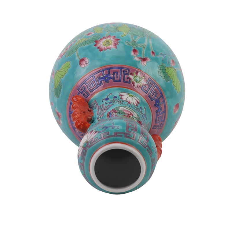 RZFA67-A 粉彩绿底荷花双耳蒜头瓶   