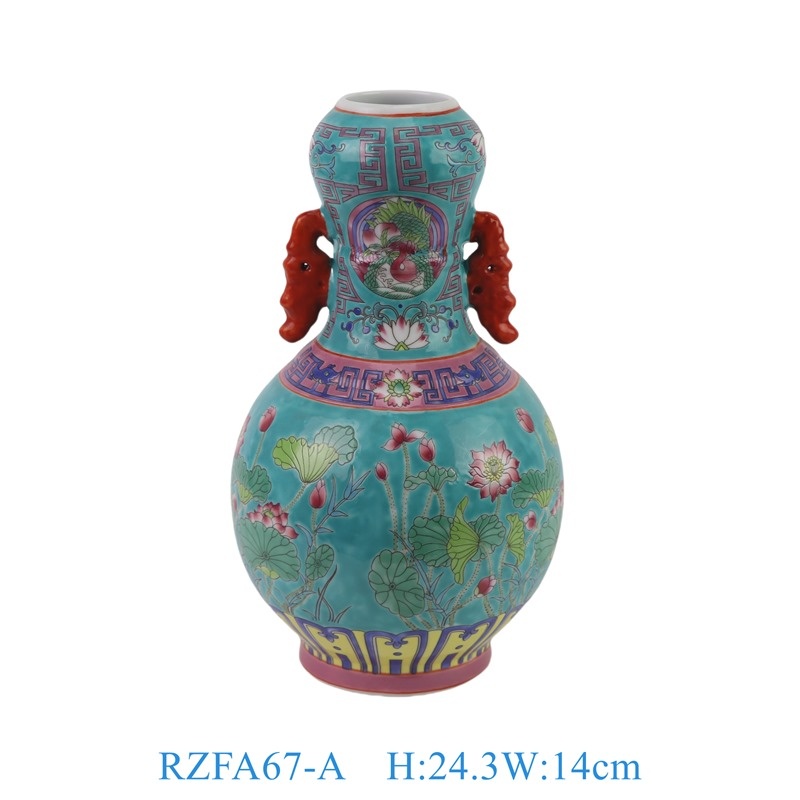 RZFA67-A 粉彩绿底荷花双耳蒜头瓶   