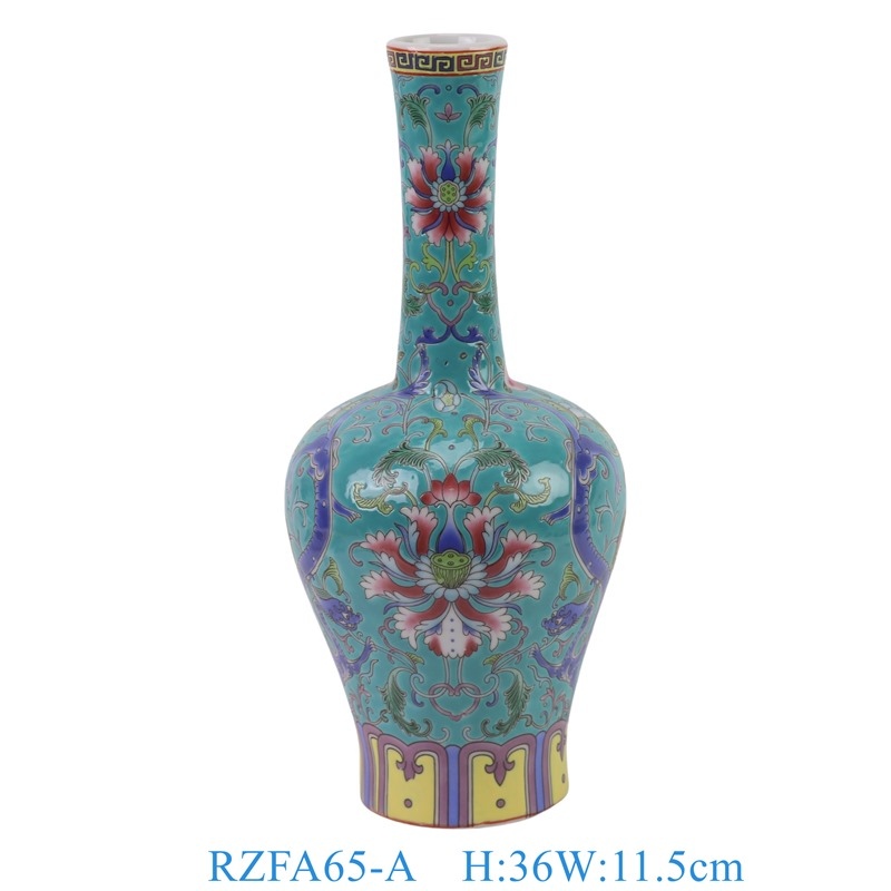 RZFA65-A 粉彩绿底缠枝莲龙纹长颈瓶  