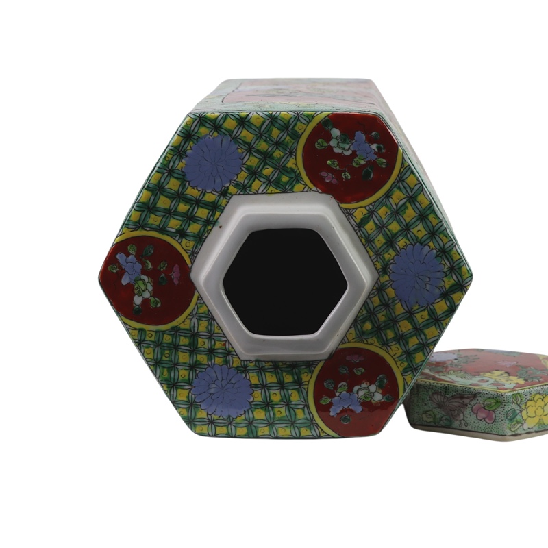 RZFA06-D 粉彩开窗虎鹤图六方罐   