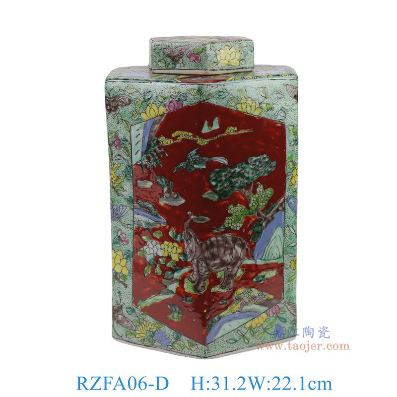 RZFA06-D 粉彩开窗虎鹤图六方罐   