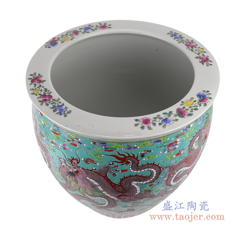 RZSY18-D 仿古粉彩绿底云龙纹大缸  