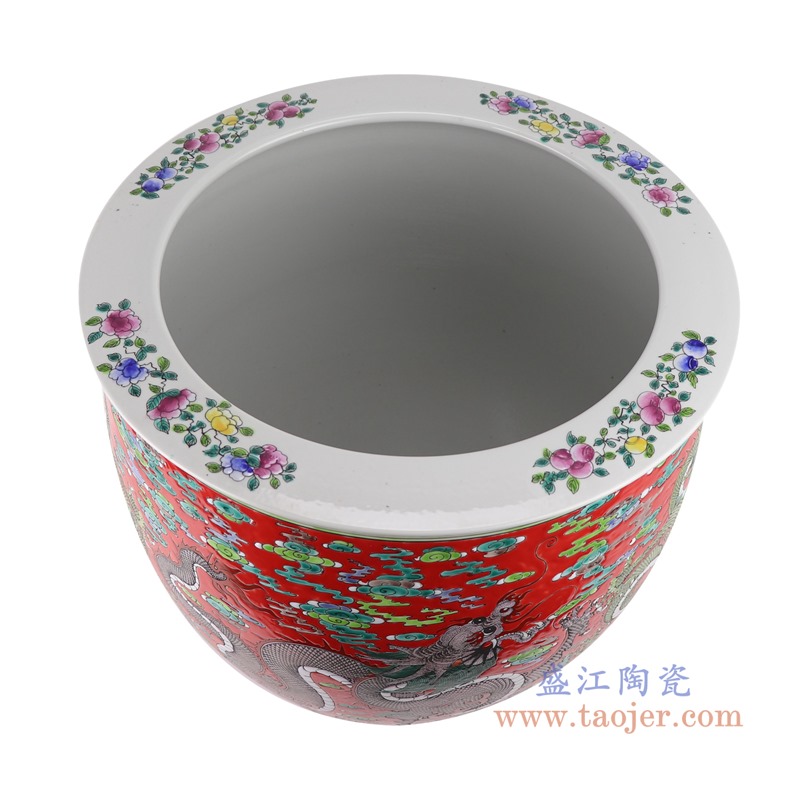 RZSY18-A 仿古粉彩红底云龙纹大缸   
