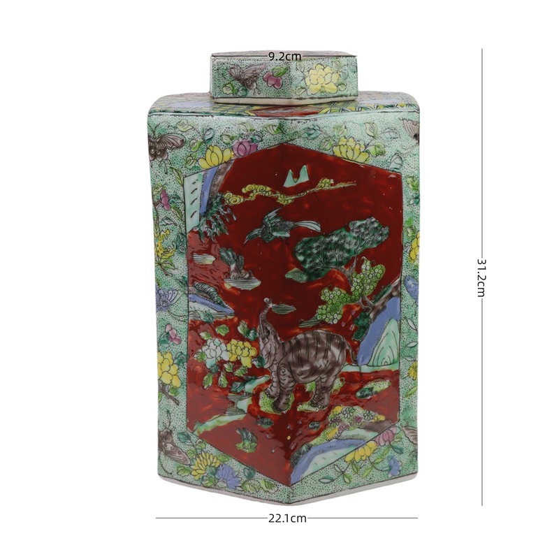 RZFA06-D 粉彩开窗虎鹤图六方罐   