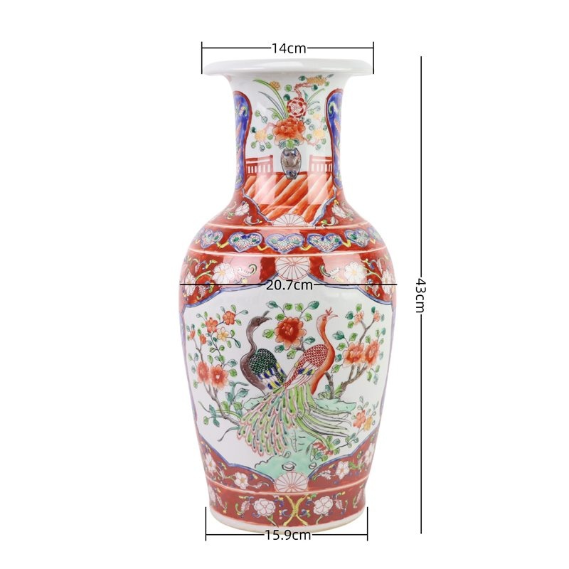 RZFA54-A 粉彩红底开窗花鸟凤凰莲子瓶   