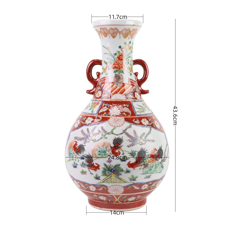 RZFA60-A 粉彩百鸡图双耳玉壶春瓶 