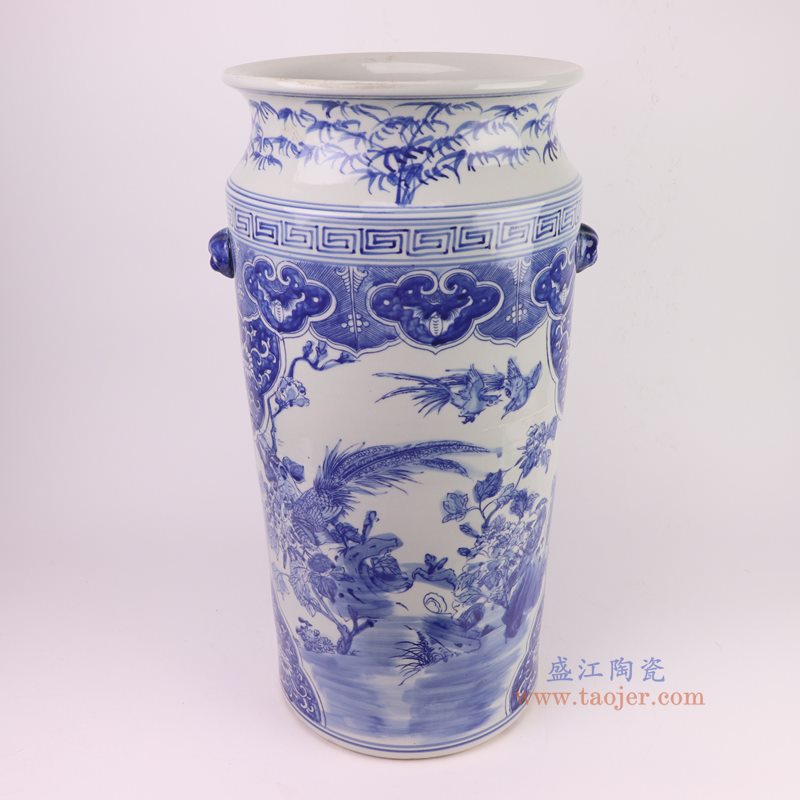 RZKM16-A 青花花鸟狮耳直筒箭筒伞筒   