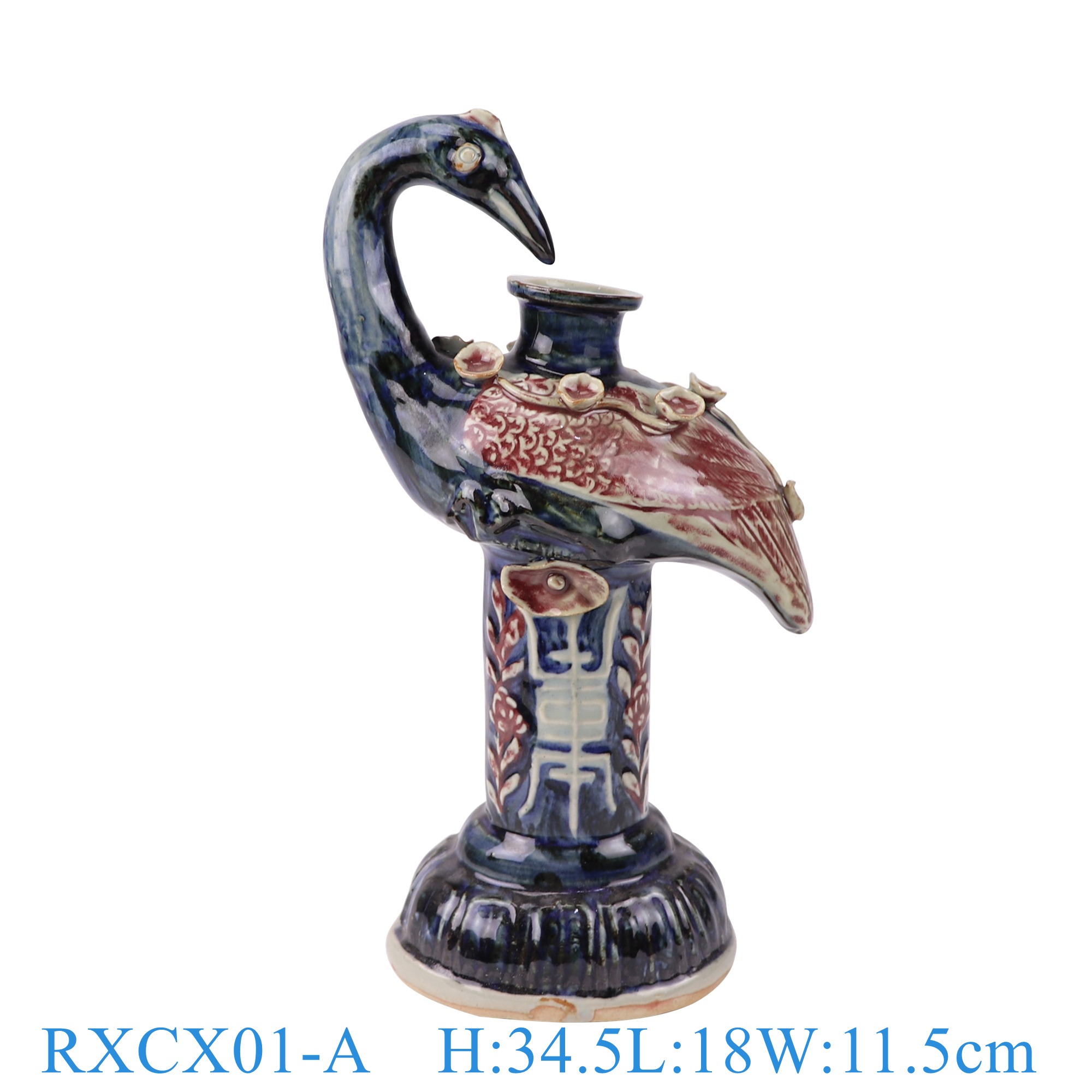 RXCX01-A 窑变蓝红釉雕塑仙鹤烛台  