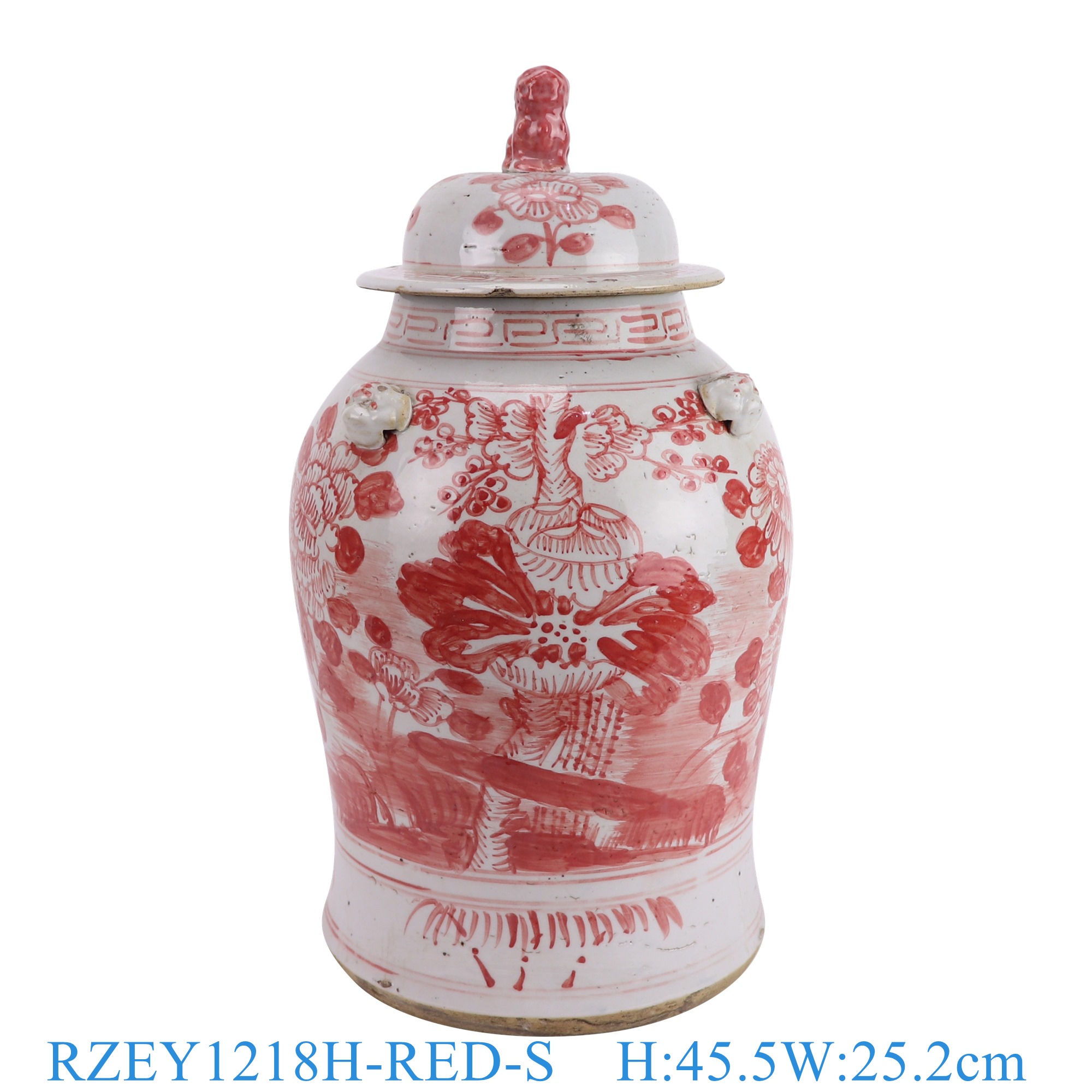 RZEY1218H-RED-S 釉里红四季花狮子头将军罐小号   