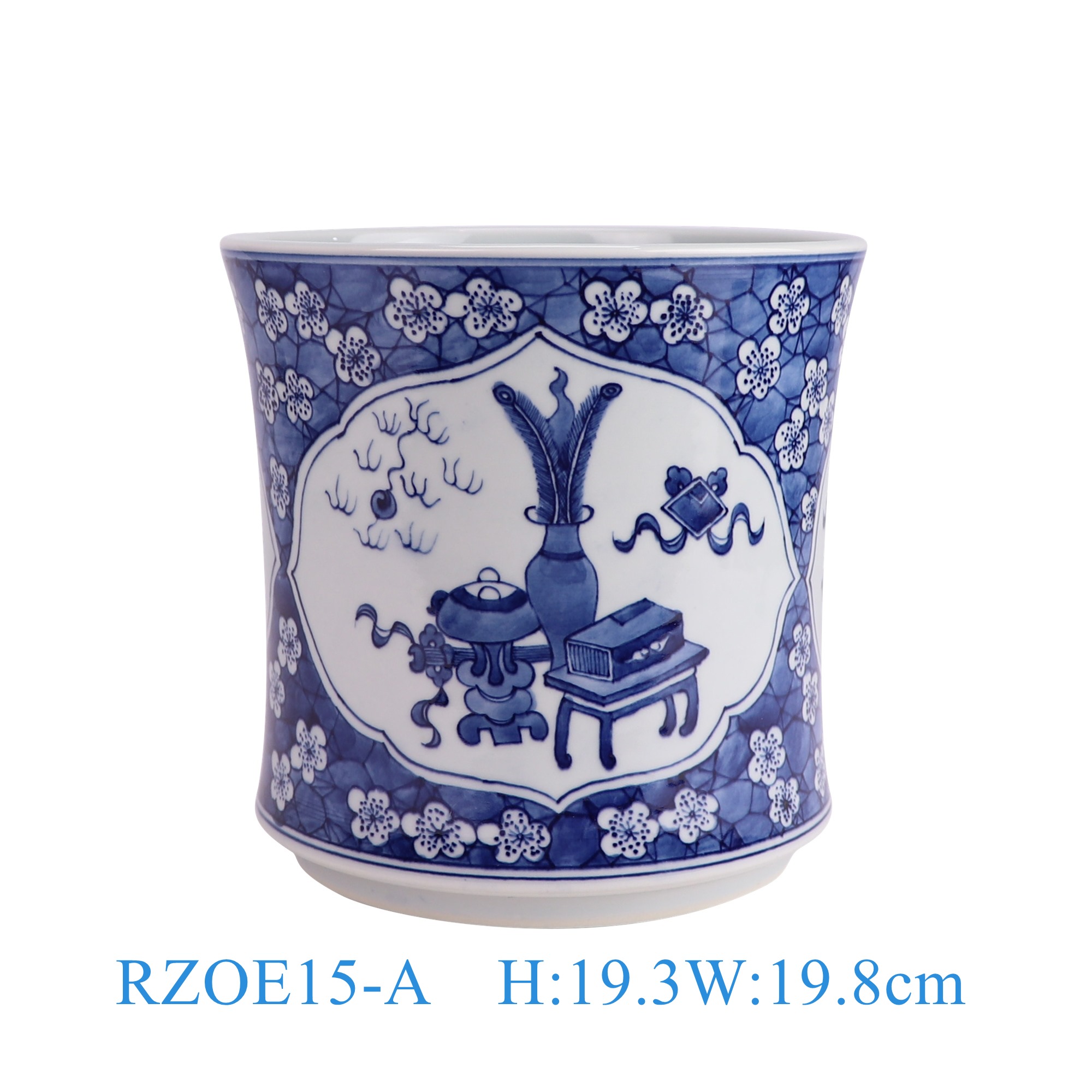 RZOE15-A 青花冰梅开窗博古纹笔筒 