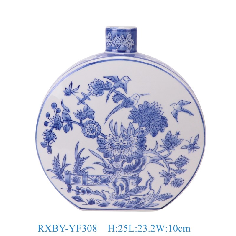 RXBY-YF308 青花花鸟扁肚瓶抱月瓶   