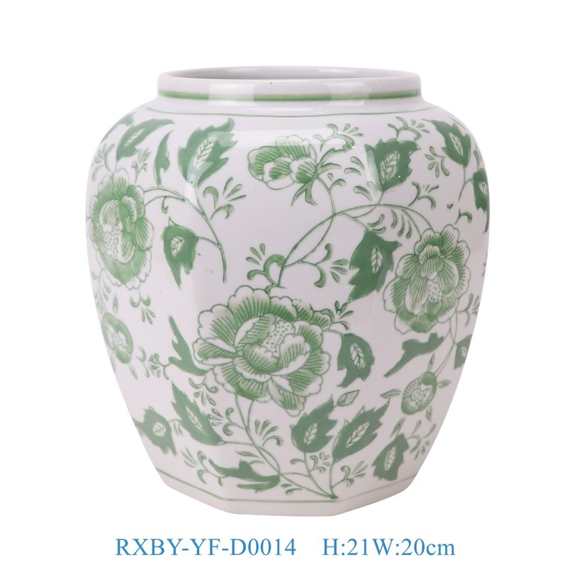 RXBY-YF-D0014 绿色牡丹花叶纹无盖八角罐花瓶   