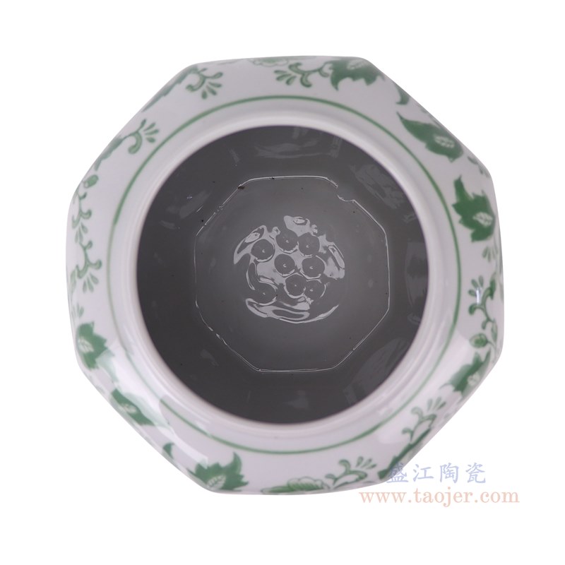 RXBY-YF-D0014 绿色牡丹花叶纹无盖八角罐花瓶   