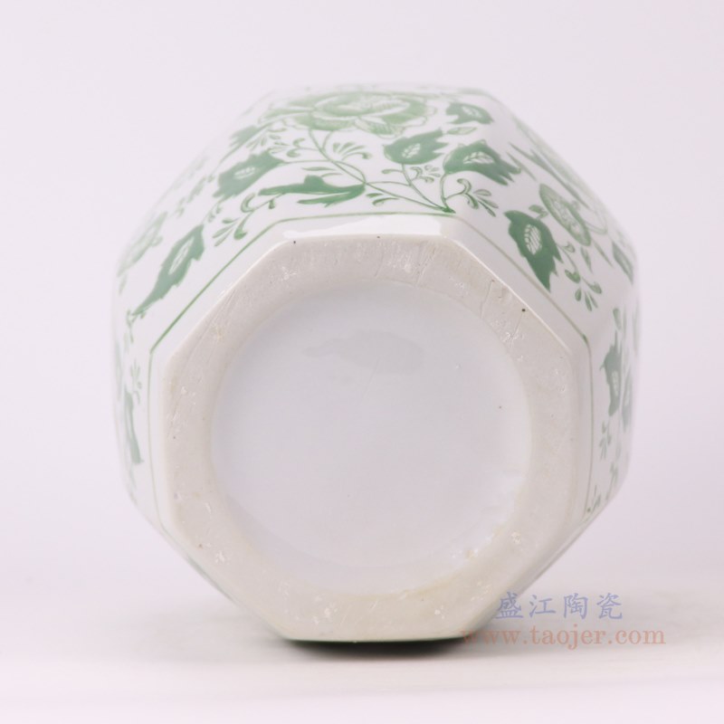 RXBY-YF-D0014 绿色牡丹花叶纹无盖八角罐花瓶   