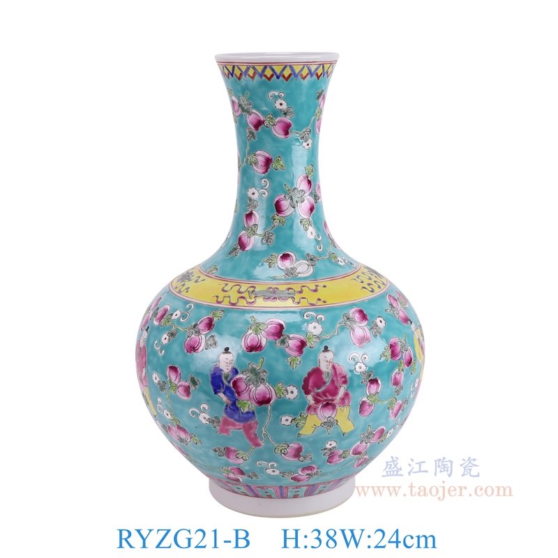 RYZG21-B 粉彩绿底孩童嬉戏花卉纹赏瓶  