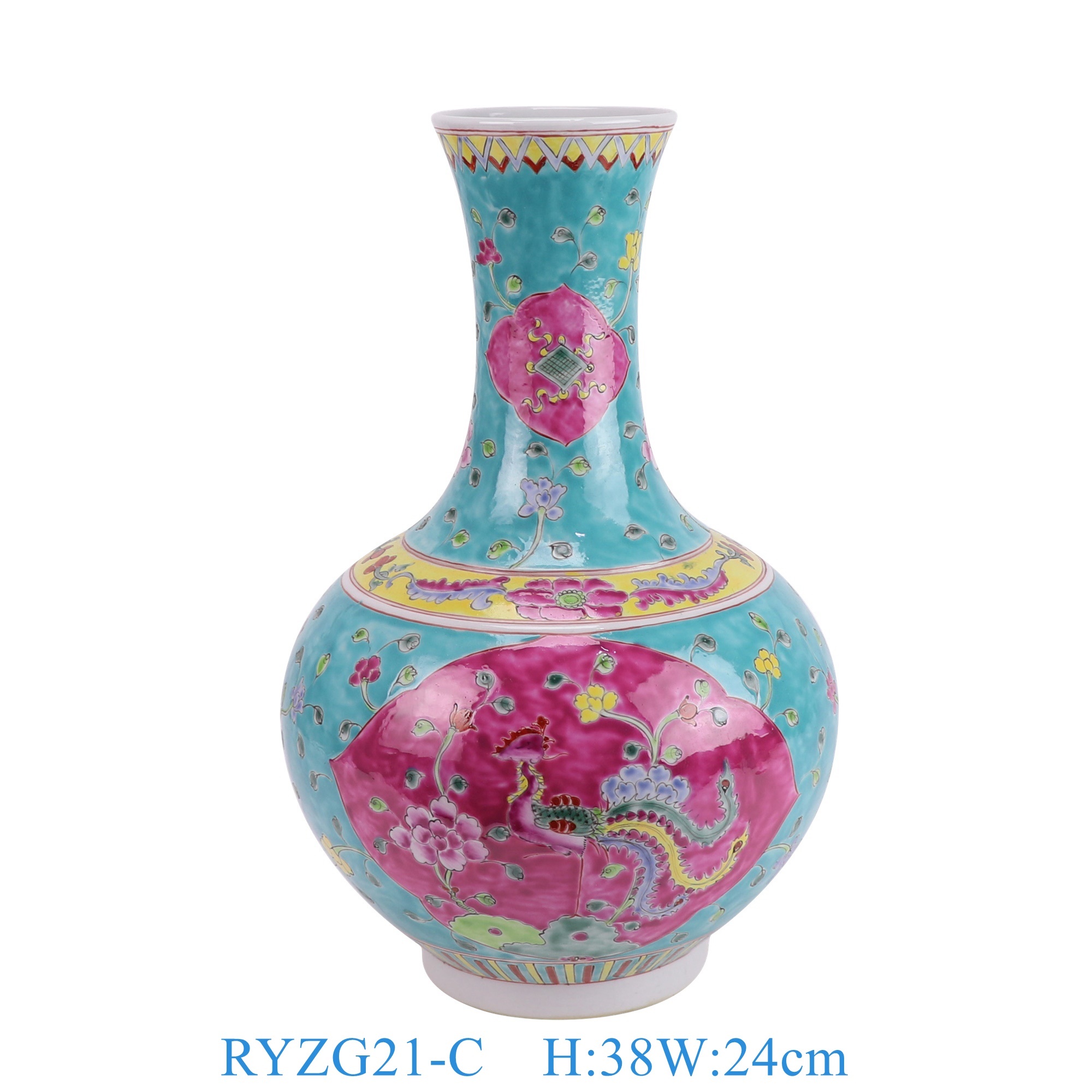 RYZG21-C 娘惹瓷粉彩绿底开窗凤凰牡丹花纹赏瓶
