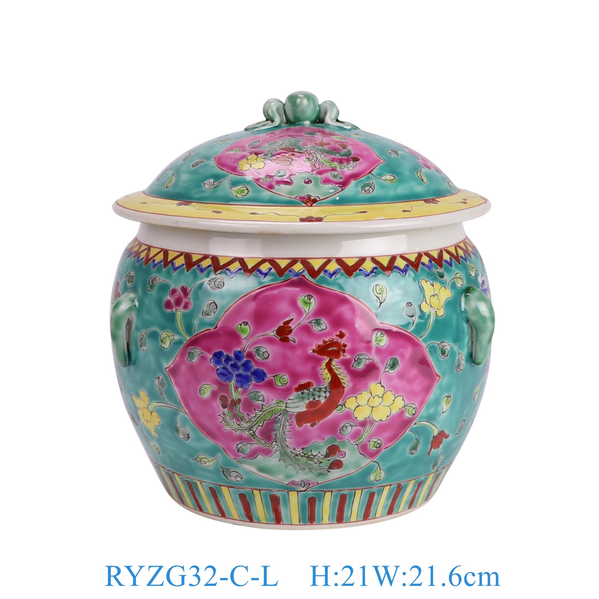 RYZG32-C-L 娘惹瓷粉彩绿底开窗凤凰牡丹花纹饭鼓大号  