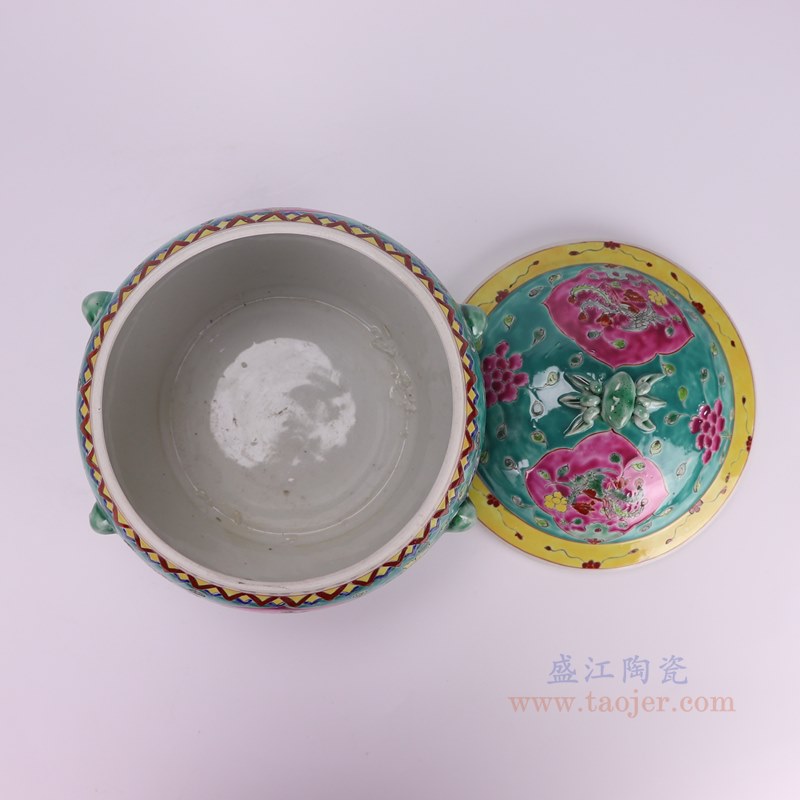 RYZG32-C-L 娘惹瓷粉彩绿底开窗凤凰牡丹花纹饭鼓大号  