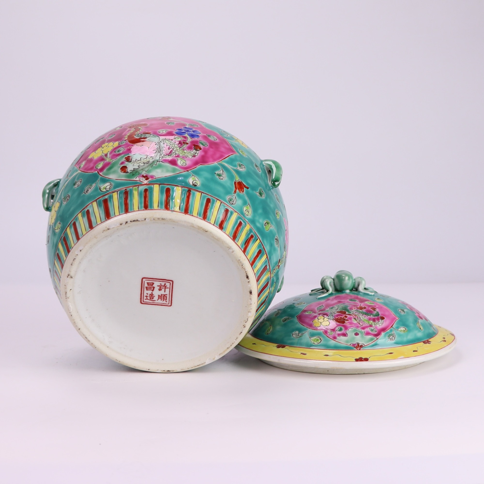 RYZG32-C-L 娘惹瓷粉彩绿底开窗凤凰牡丹花纹饭鼓大号  