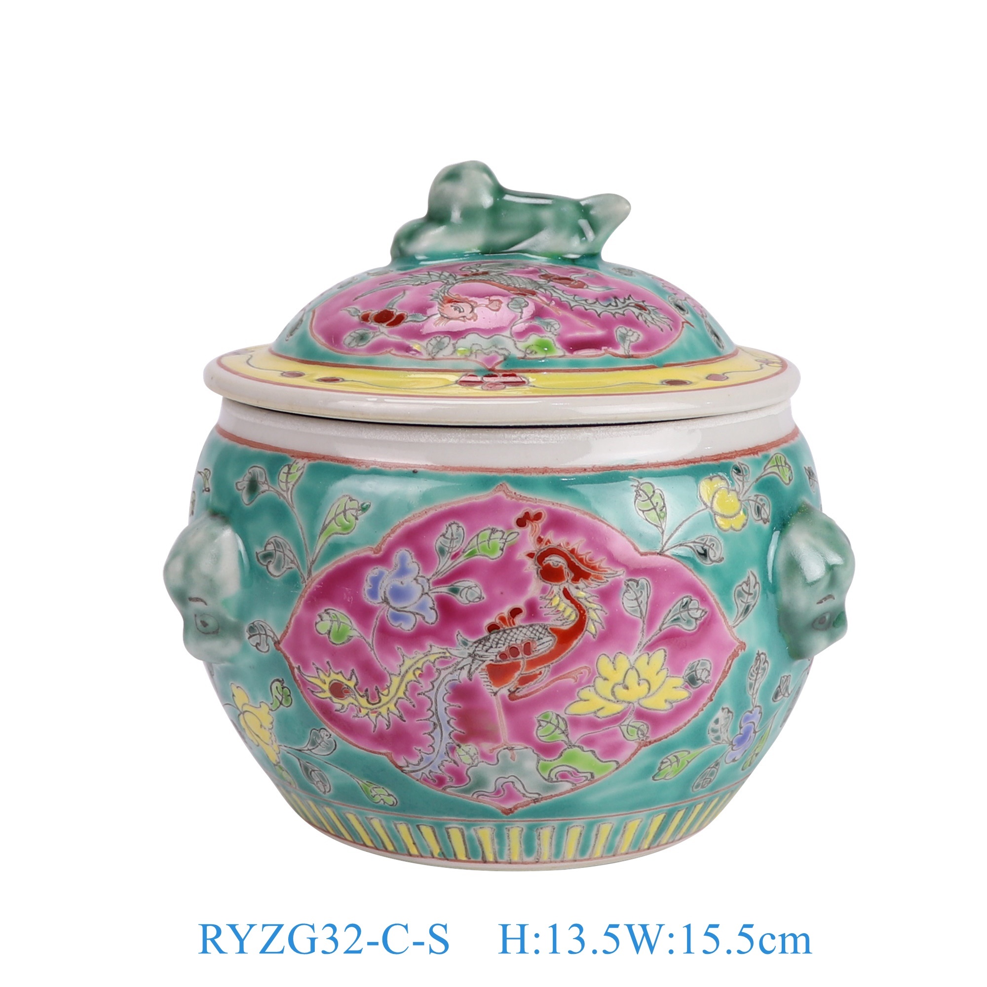 RYZG32-C-S 娘惹瓷粉彩绿底开窗凤凰牡丹花纹饭鼓小号  