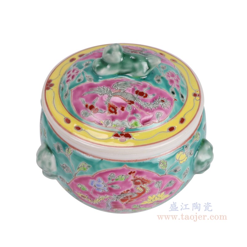RYZG32-C-S 娘惹瓷粉彩绿底开窗凤凰牡丹花纹饭鼓小号  