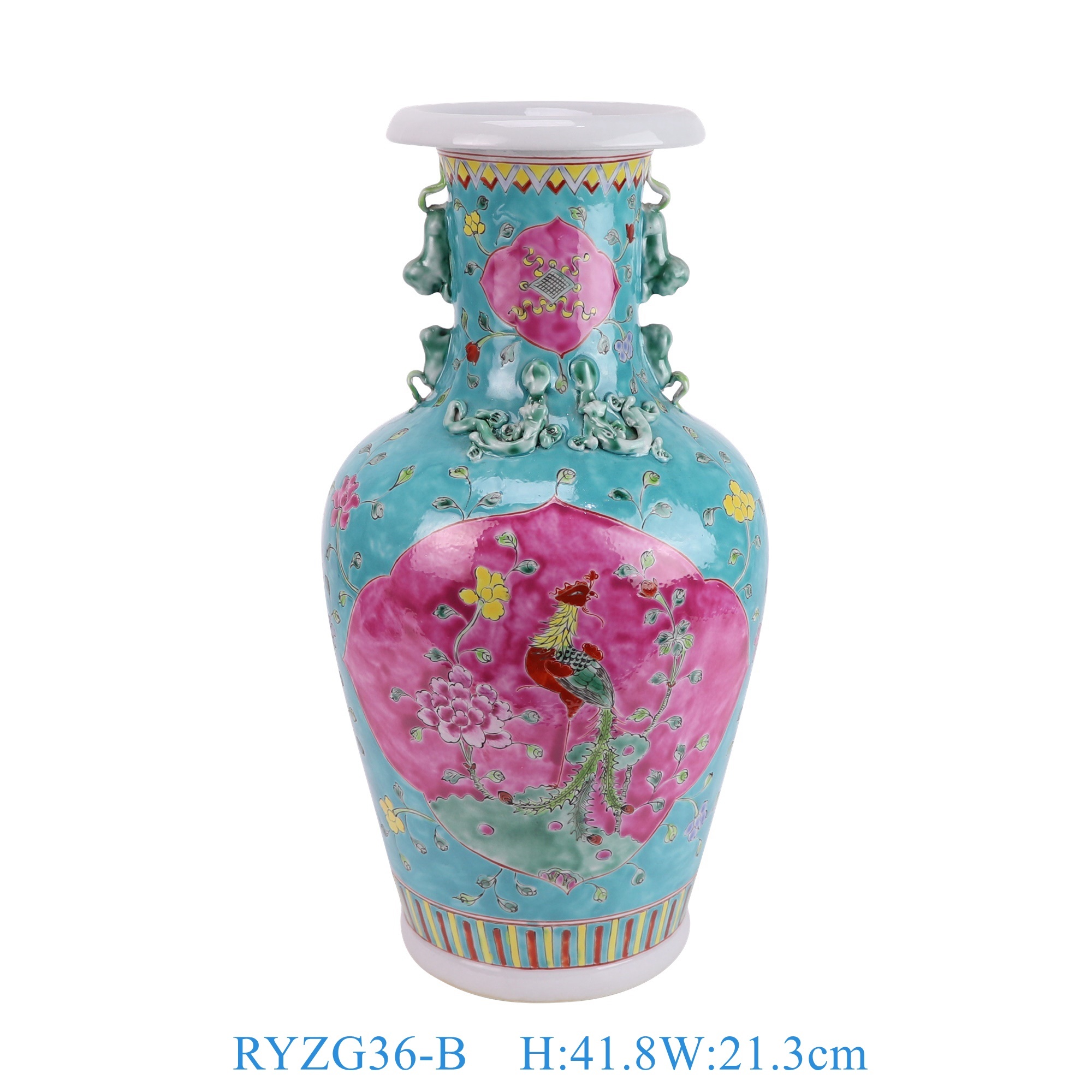 RYZG36-B 娘惹瓷粉彩绿底开窗凤凰牡丹花纹双耳瓶   