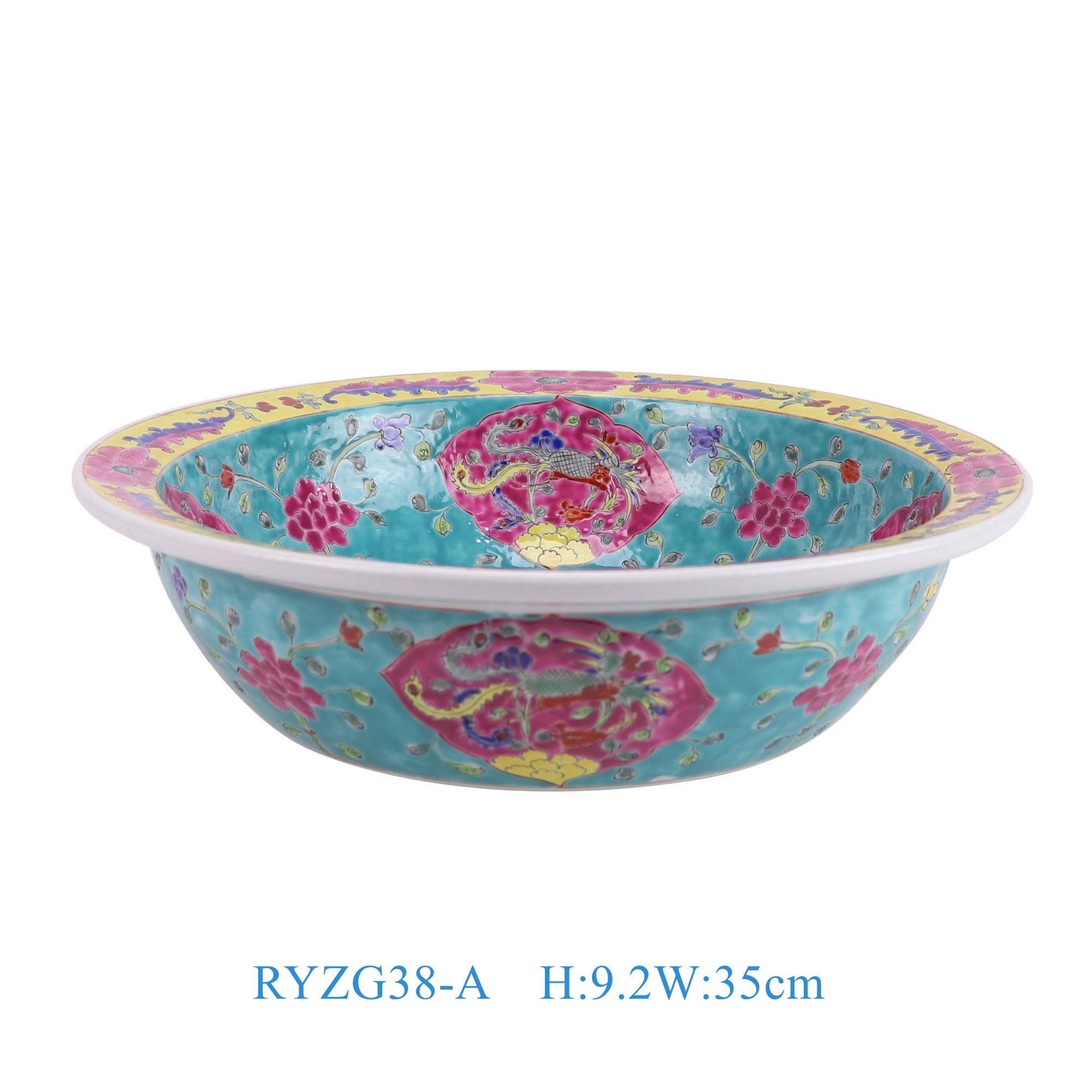 RYZG38-A 娘惹瓷粉彩绿底开窗凤凰牡丹花纹大碗水盆  