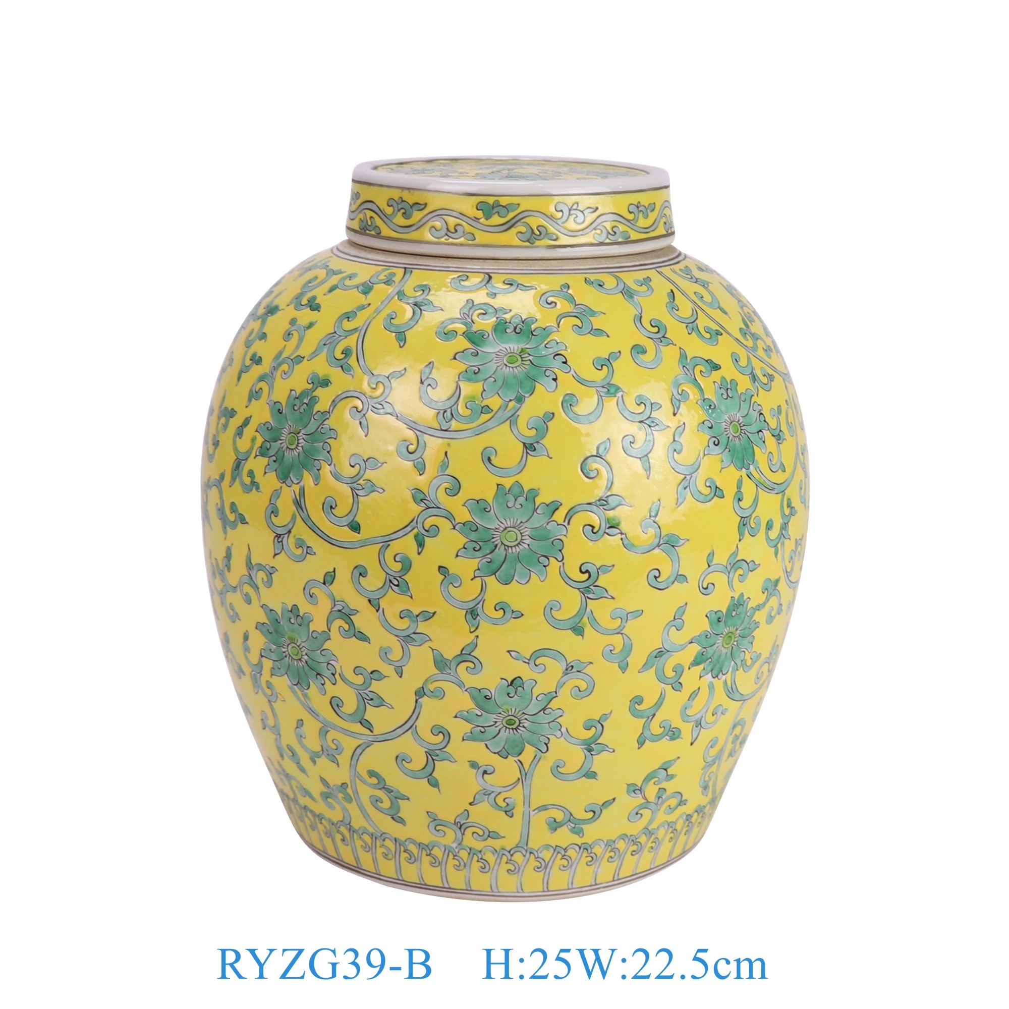 RYZG39-B 粉彩黄底缠枝莲平顶罐茶叶罐  