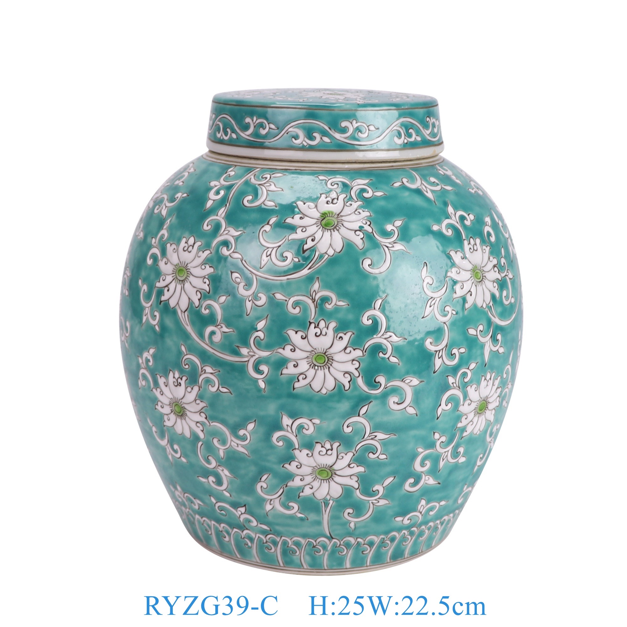 RYZG39-C 粉彩绿底缠枝莲平顶罐茶叶罐 