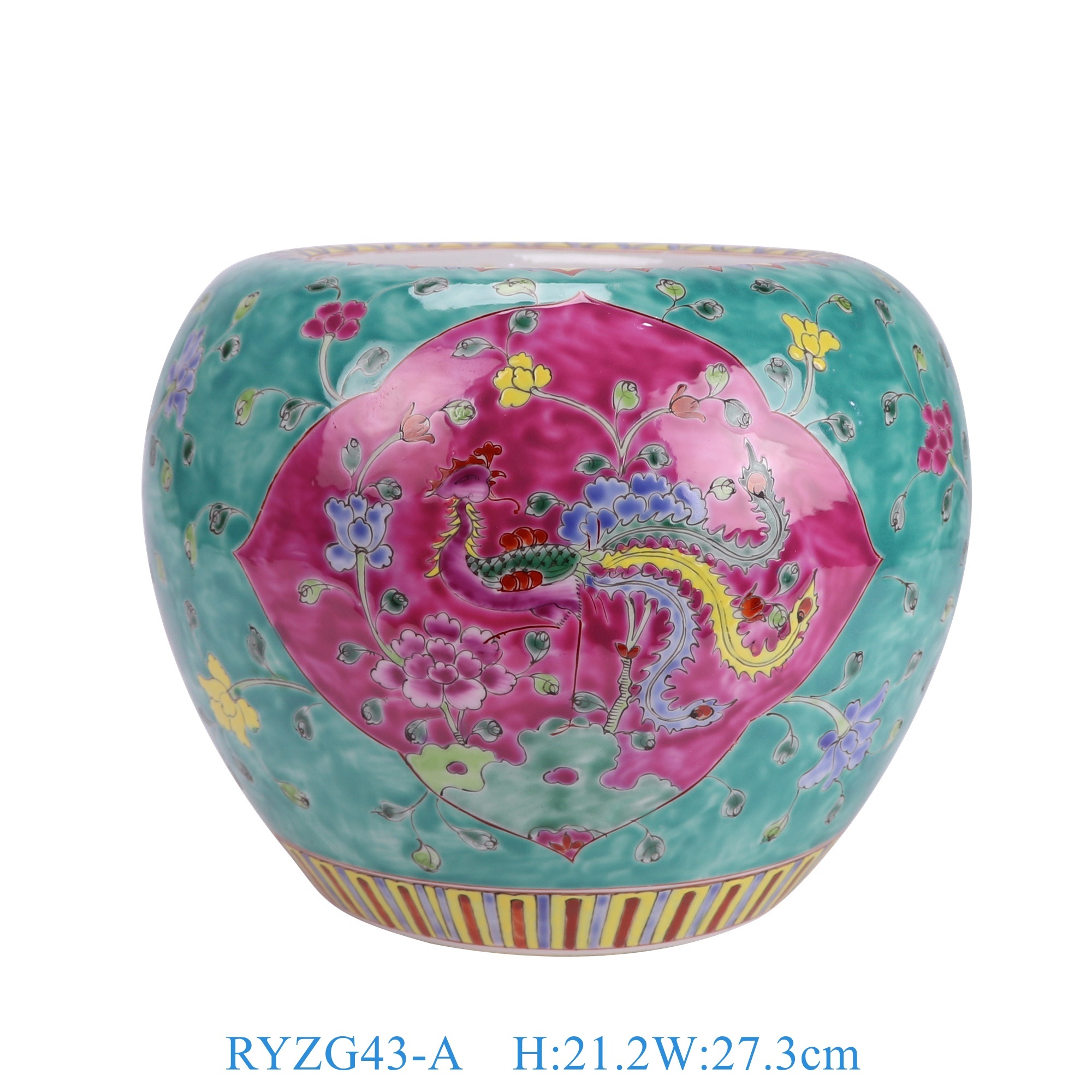 RYZG43-A 娘惹瓷粉绿底开窗凤凰牡丹花纹圆罐圆缸  