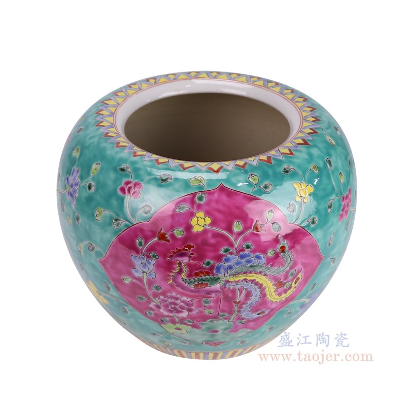 RYZG43-A 娘惹瓷粉绿底开窗凤凰牡丹花纹圆罐圆缸  